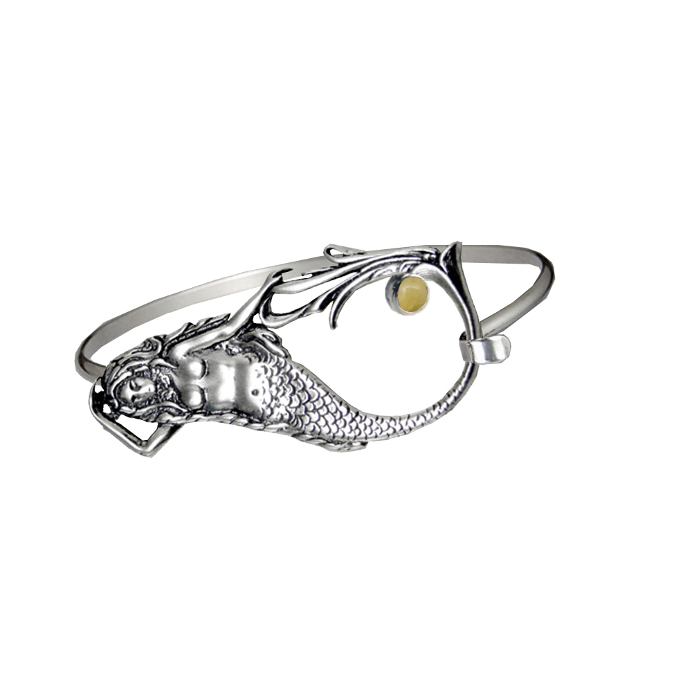 Sterling Silver Mermaid Strap Latch Spring Hook Bangle Bracelet With Yellow Aragonite